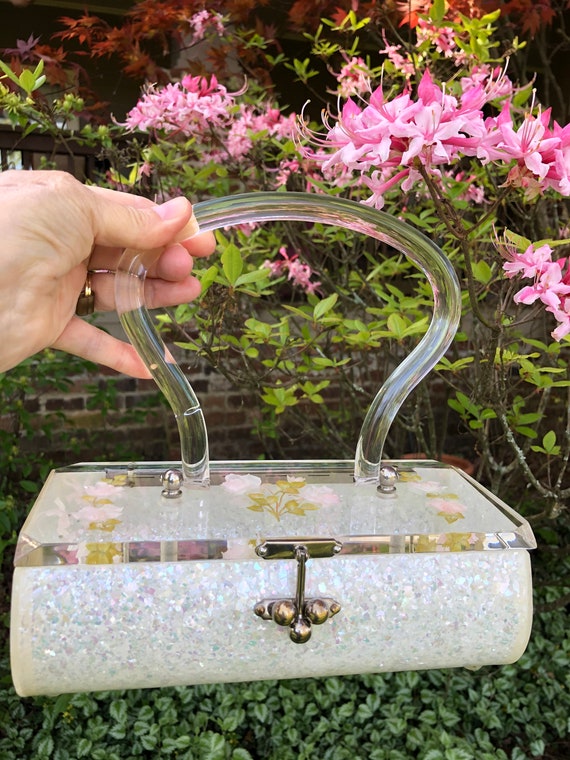 RARE Rose Sparkle LUCITE Handbag/50's Lucite Hand… - image 6
