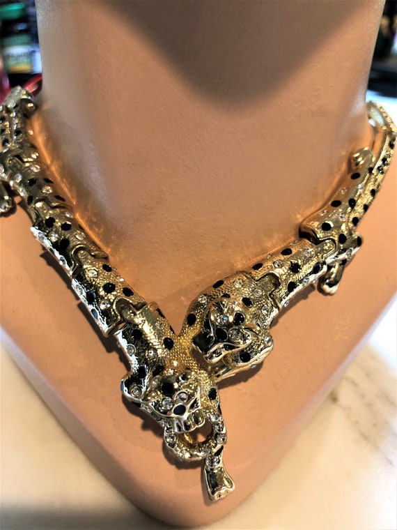 RARE Double Panther Rhinestone Necklace/80’s Rhin… - image 9