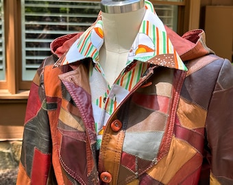 Vintage 70s Style Colorful Patchwork Leather Jacket With Faux Fur