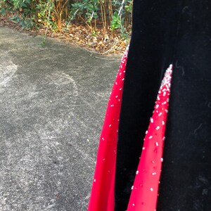 Puede incluir: Un vestido de terciopelo negro con una superposici&oacute;n de sat&eacute;n rojo y adornos plateados. El vestido tiene un corpi&ntilde;o ajustado y una falda fluida.