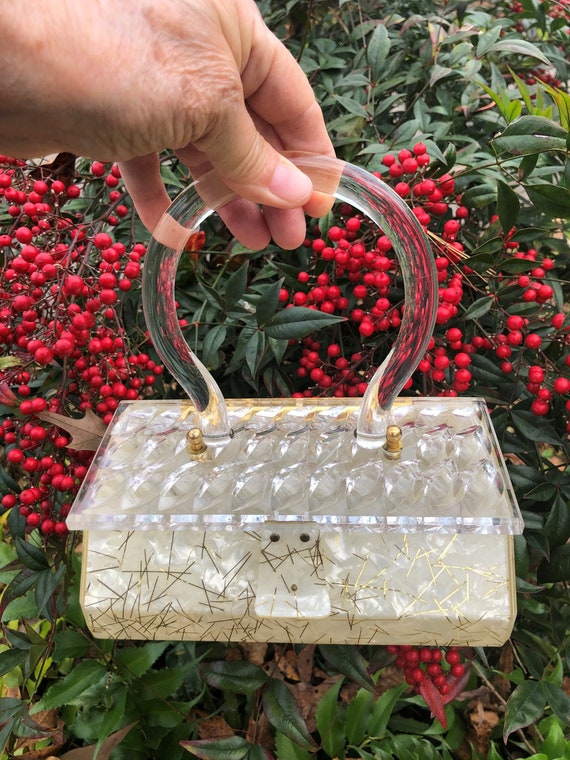 FABULOUS Vintage Lucite Purse, Carved Lucite Clutch Purse, Jeweled - Ruby  Lane