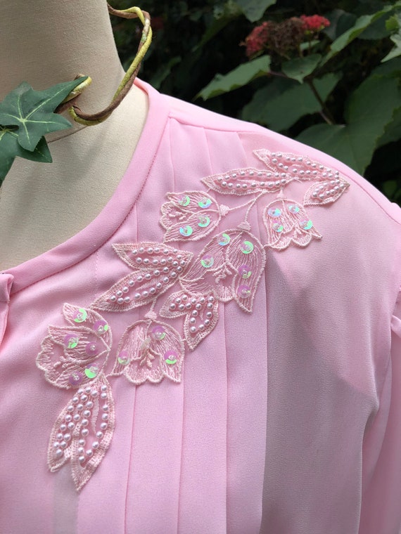 80's PLUS Size PINK Beaded Blouse/Vintage Long Sl… - image 3