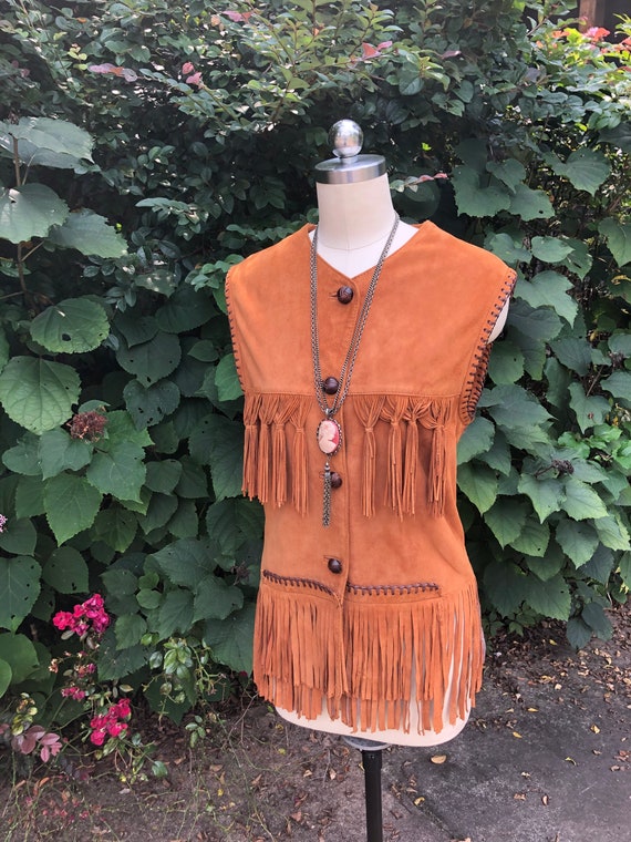 Vintage western vest Boho Fringe waistcoat Country Thrift shop Size L Suede fringe Festival jacket Brown leather southwestern waistcoat