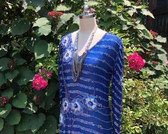 LOVELY 70's FLORAL SEQUIN Dress/70's Beaded Dresses/Blue Silk Beaded Dress/Silk Dress/70’s Silk Dress/Floral Beaded Dress/Mint Condition