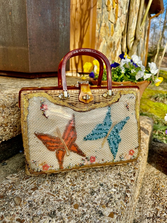 RARE WICKER BUTTERFLY Handbag/Lucite Purses/Vinta… - image 1