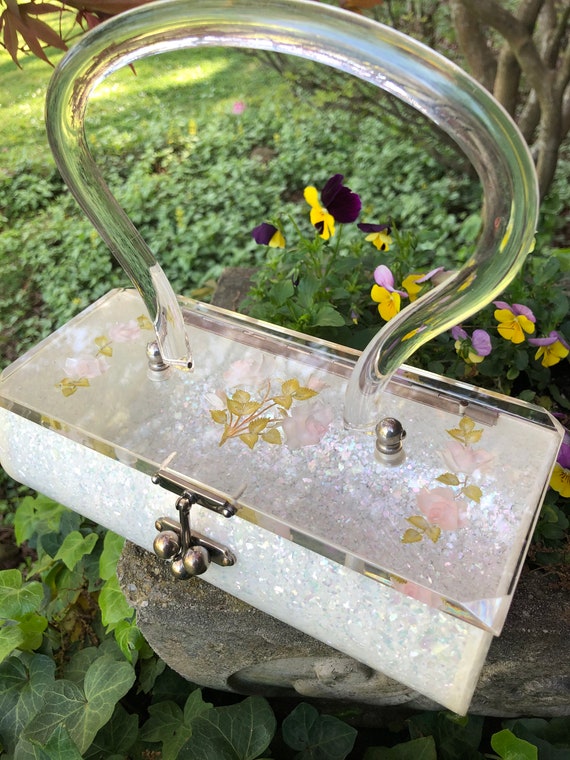 RARE Rose Sparkle LUCITE Handbag/50's Lucite Hand… - image 3
