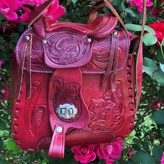 RARE 60's HAND TOOLED Cowgirl Saddle Bag/Hand Too… - image 10