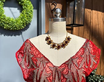 GORGEOUS 70's RED SILK Gown/70's Gowns/Red Gowns/Silk Gowns/Beaded Gowns/Sheer Beaded Gowns/Red Silk Gown/Near Mint Condition