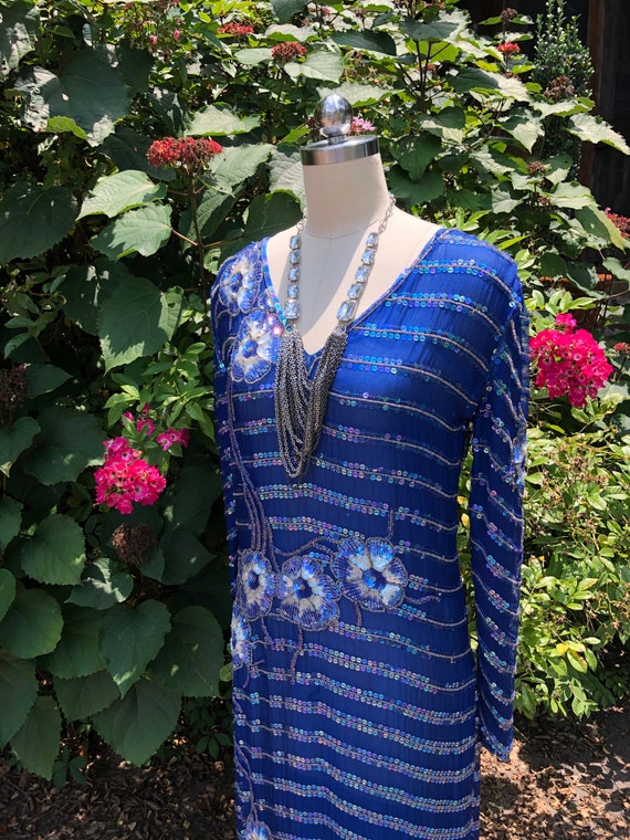 LOVELY 70's FLORAL SEQUIN Dress/70's Beaded Dress… - image 10