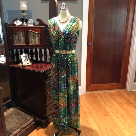 70's HANDMADE Green GOWN/70’s Sleeveless Dresses/… - image 2