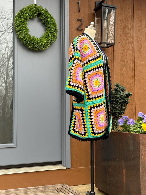 UNIQUE Granny Squares Sweater Jacket/Handmade Swe… - image 4