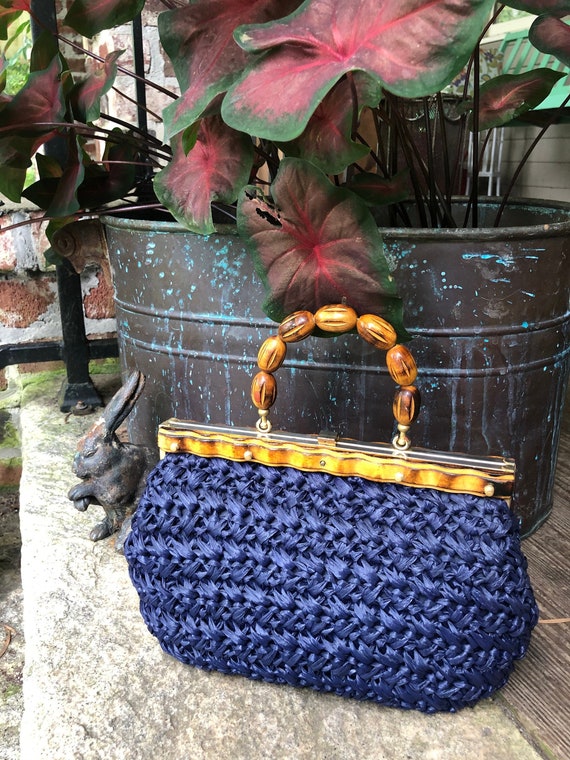 TRENDING NOW Navy Raffia Handbag/Vintage Raffia Pu