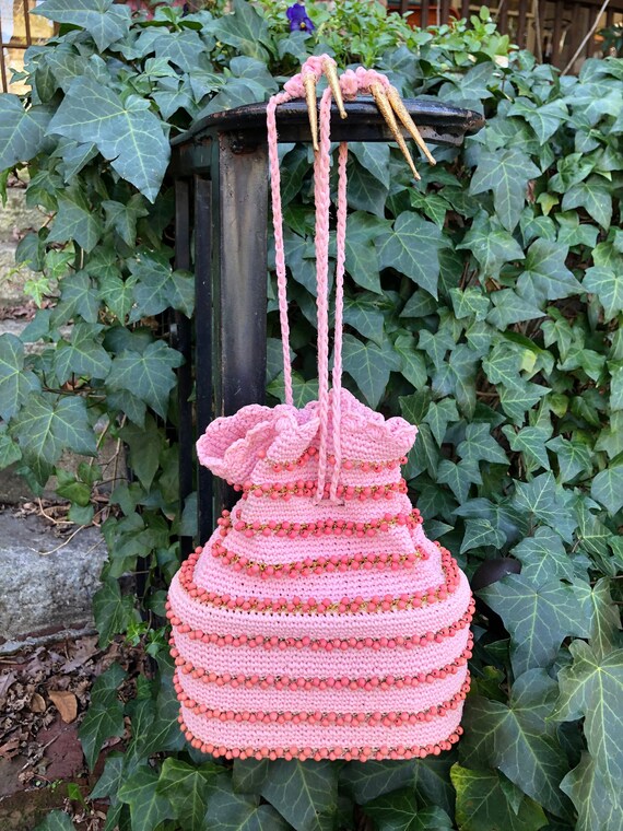 PRETTY IN PINK 40's Crochet Handbag/40’s Drawstri… - image 1