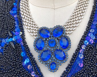 RARE 30's BLUE GLASS Necklace/Antique Necklaces/Cobalt Necklaces/Blue Antique Necklaces/Collectible Jewelry/Fur Clips/Near Mint Condition