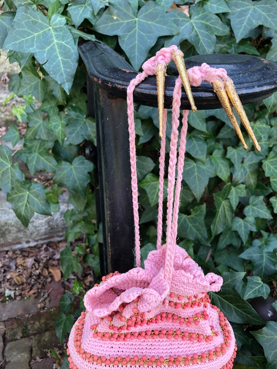 PRETTY IN PINK 40's Crochet Handbag/40’s Drawstri… - image 3