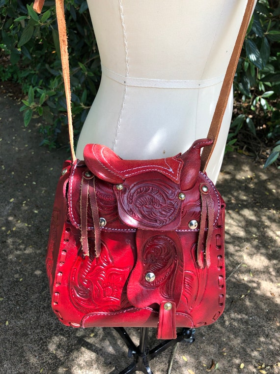 RARE 60's HAND TOOLED Cowgirl Saddle Bag/Hand Too… - image 9