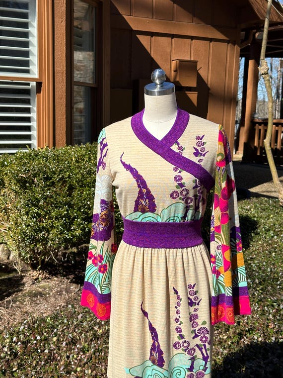 BEAUTIFUL 70's GOLDWORM Dress/70's Vintage Dress/70's Dresses/Goldworm/Floral Knit Dress/Knit Dress/70's Knitwear Dress/Near Mint Condition