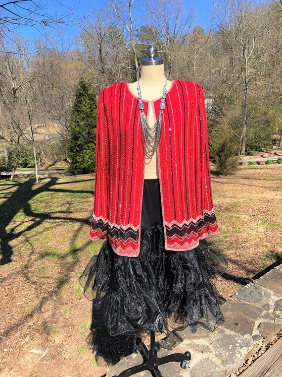 EXTRA LARGE Red Beaded Jacket/80's Beaded Jackets… - image 2