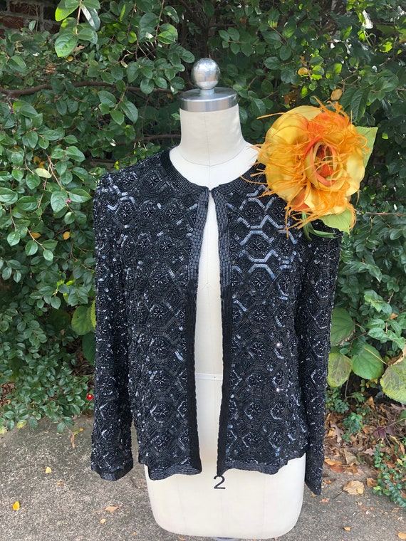 80's Black BEADED JACKET/80's Sequin Jackets/Sequ… - image 10