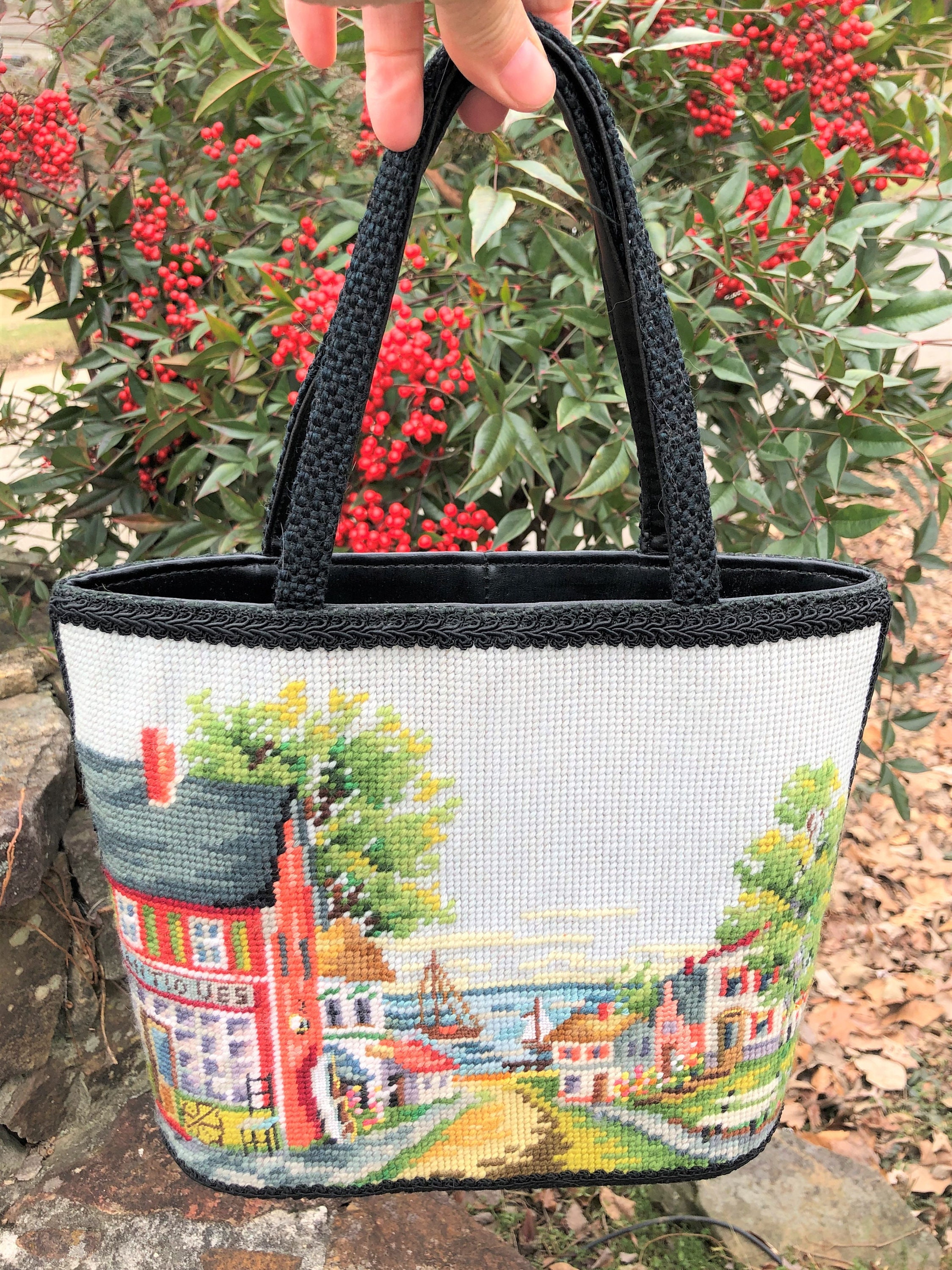 1960s Handmade Needlepoint Bag with Wooden Handles