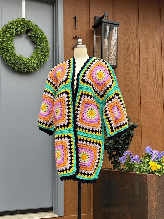 UNIQUE Granny Squares Sweater Jacket/Handmade Swe… - image 1