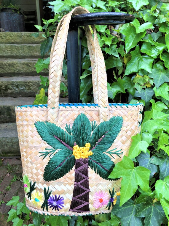70's FLORAL MEXICAN STRAW Handbag/straw Handbags/floral - Etsy