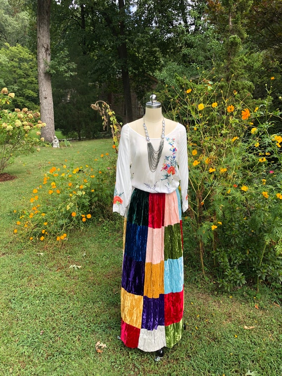 BOHO PATCHWORK Velvet Skirt/Patchwork Velvet Skir… - image 2