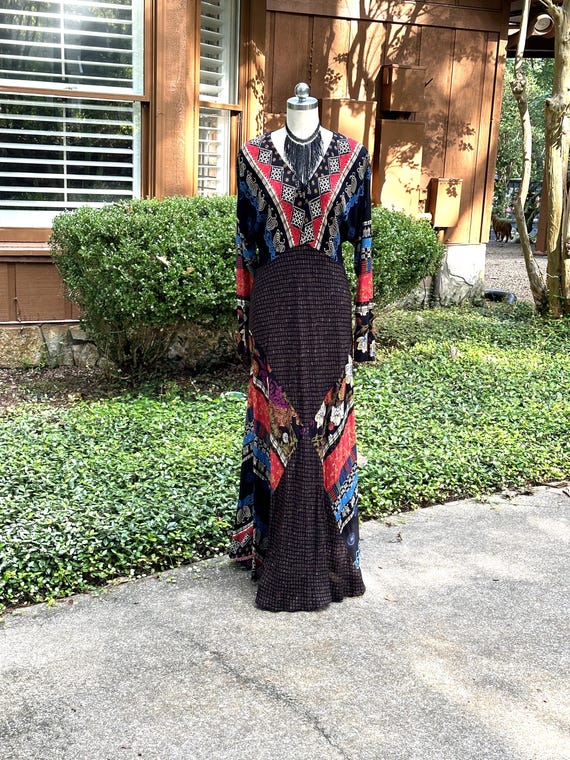 indian cotton hippie dresses Vintage 70s Indian Cotton Metallic Gauze Dress Floral Boho Festival