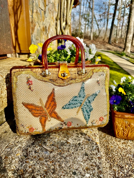 RARE WICKER BUTTERFLY Handbag/Lucite Purses/Vinta… - image 9