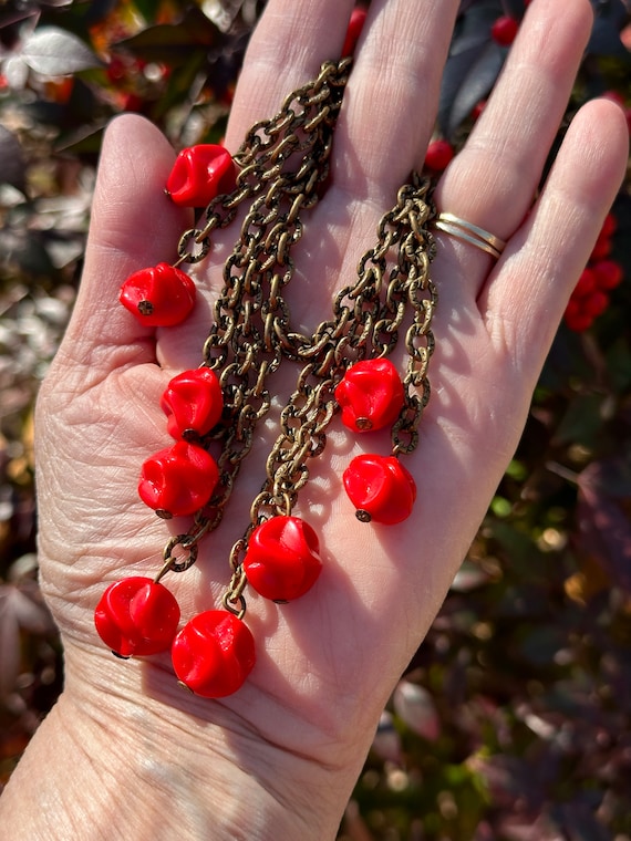 RARE 30's RED CHERRY Glass Necklace/Valentine Gift