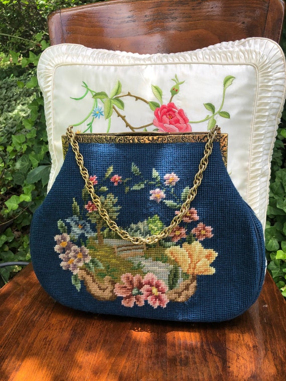 50's Blue Needlepoint Handbag/Needlepoint Handbags