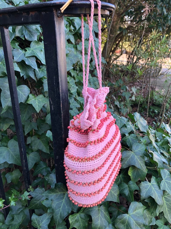 PRETTY IN PINK 40's Crochet Handbag/40’s Drawstri… - image 4