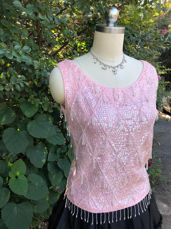 50's PINK BEADED Tops/Sleeveless Beaded Tops/Pink Top… - Gem