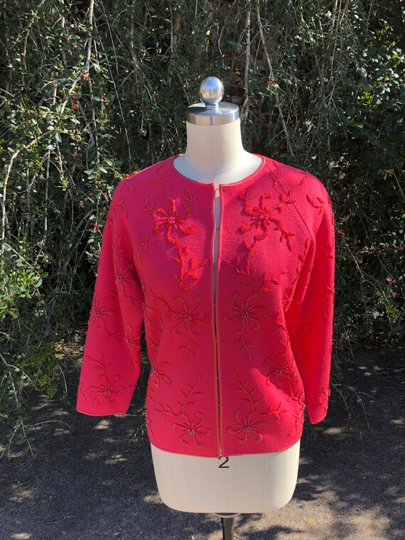 RARE 60's CORAL BEADED Sweater/60’s Floral Sweate… - image 2