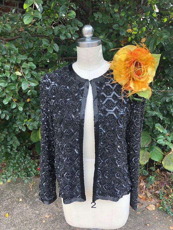 80's Black BEADED JACKET/80's Sequin Jackets/Sequ… - image 2