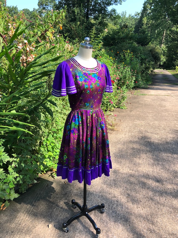 60's BARKCLOTH PATIO Dress/60’s Floral Full Skirt… - image 3