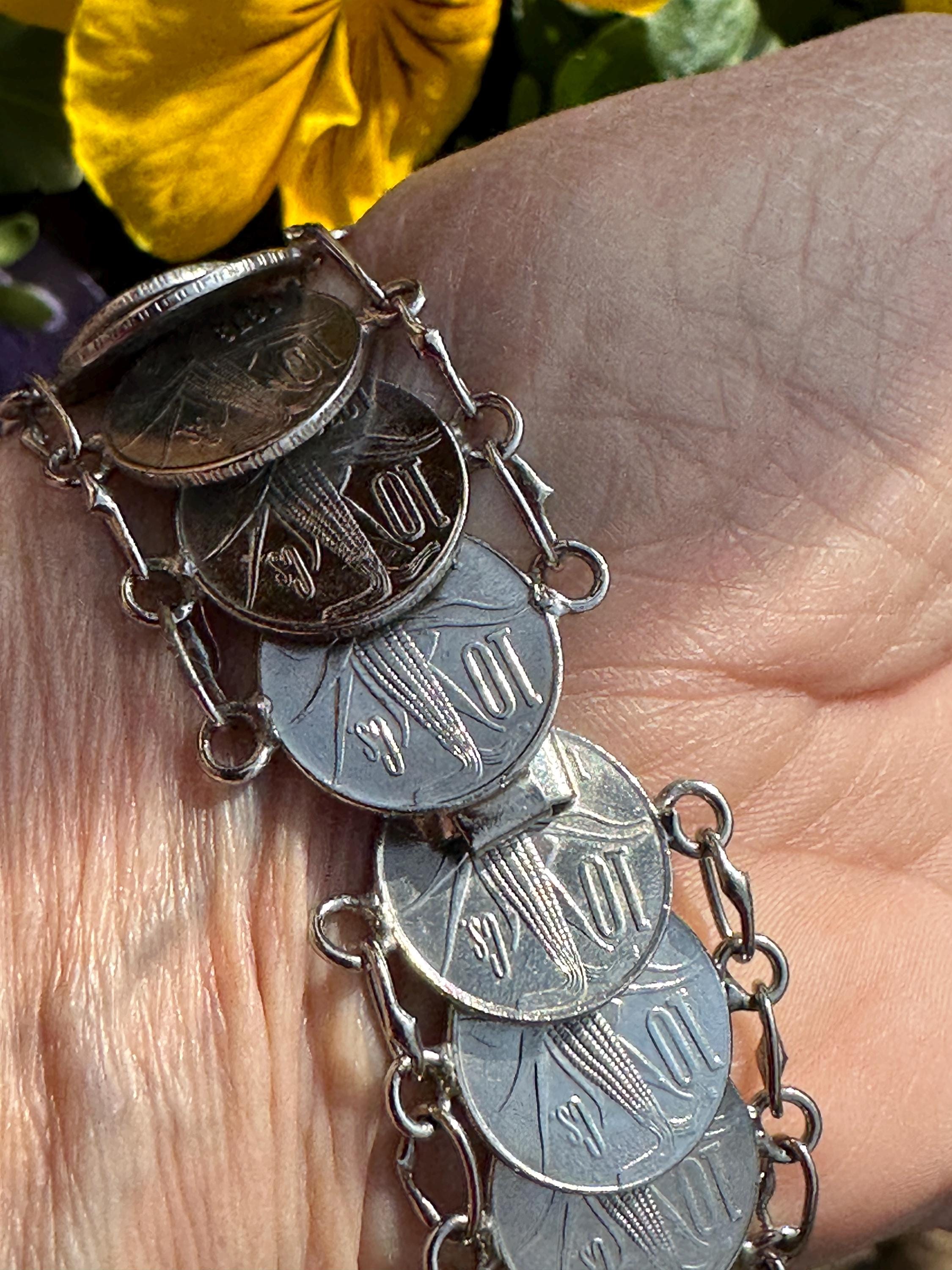 LOVELY 60's COIN Bracelet/mexican Coin Bracelet/silver Tone
