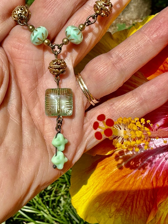 Mid Century Two Strand Uranium Green Plastic Necklace