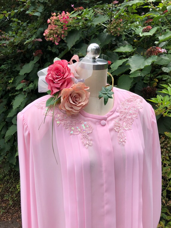 80's PLUS Size PINK Beaded Blouse/Vintage Long Sl… - image 4