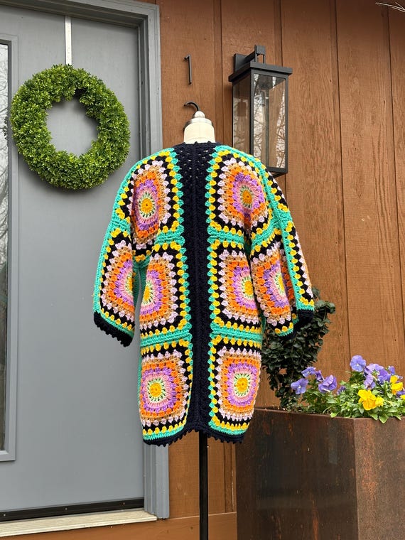 UNIQUE Granny Squares Sweater Jacket/Handmade Swe… - image 2