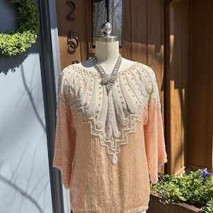 80's LOVELY PINK BEADED Top/80’s Sequin Beaded Tops/Light Blue Top/80’s Fashion/80’s Silk Tops/Silk Beaded Tops/Blue Silk Top/Mint Condition