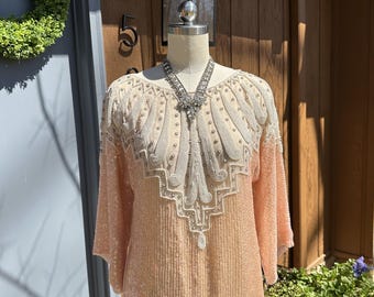 Top con perline rosa anni '80/Top con perline e paillettes anni '80/Top azzurro chiaro/Moda anni '80/Top in seta anni '80/Top con perline in seta/Top in seta blu/Condizioni perfette