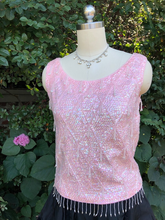 50's PINK BEADED Tops/Sleeveless Beaded Tops/Pink