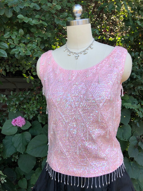 50's PINK BEADED Tops/Sleeveless Beaded Tops/Pink 