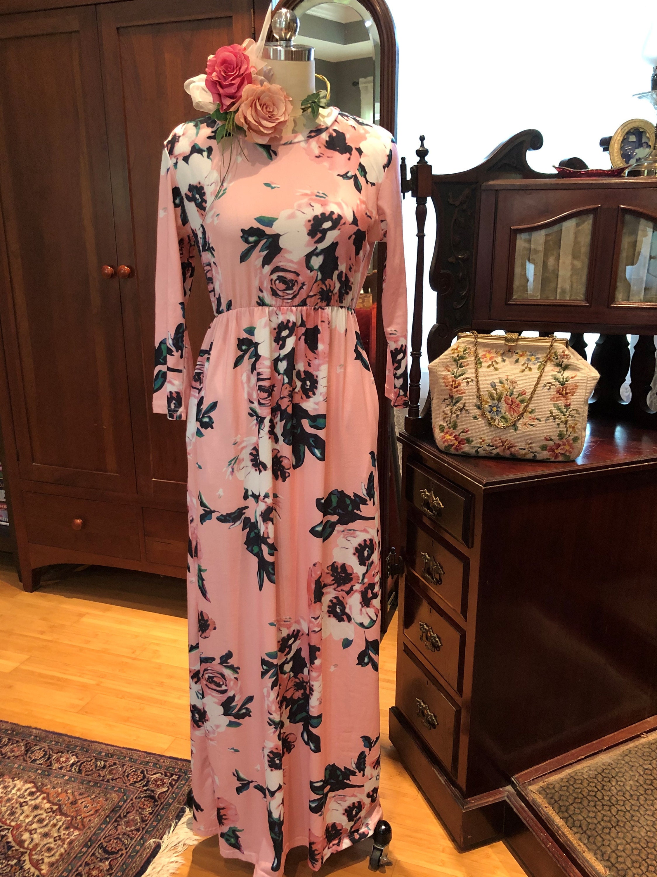knee length dresses for ladies Vintage 80s Boho Hippie pastel floral maxi dress main image 0