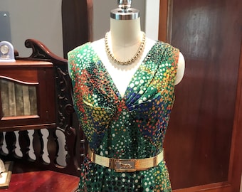70's HANDMADE Green GOWN/70’s Sleeveless Dresses/Vintage Green Abstract Pointillism Maxi Dress/70’s Maxi Dresses/70’s Gowns/MINT Condition