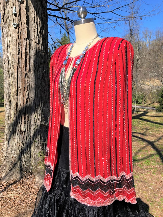 EXTRA LARGE Red Beaded Jacket/80's Beaded Jackets… - image 9