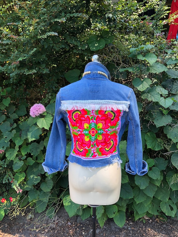 Upcycled denim jacket - tassels and flowers - Folksy