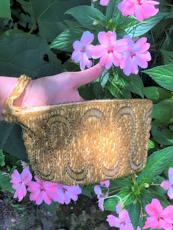 BEAUTIFUL 50's GOLD BEADED Purse/50's Handbags/Ha… - image 1