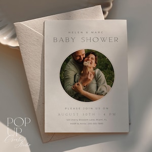 Minimalist Baby Shower Invitation with Couple Photo, Modern Pregnancy Design, Editable Canva Template, 5x7 Printable + Phone Format